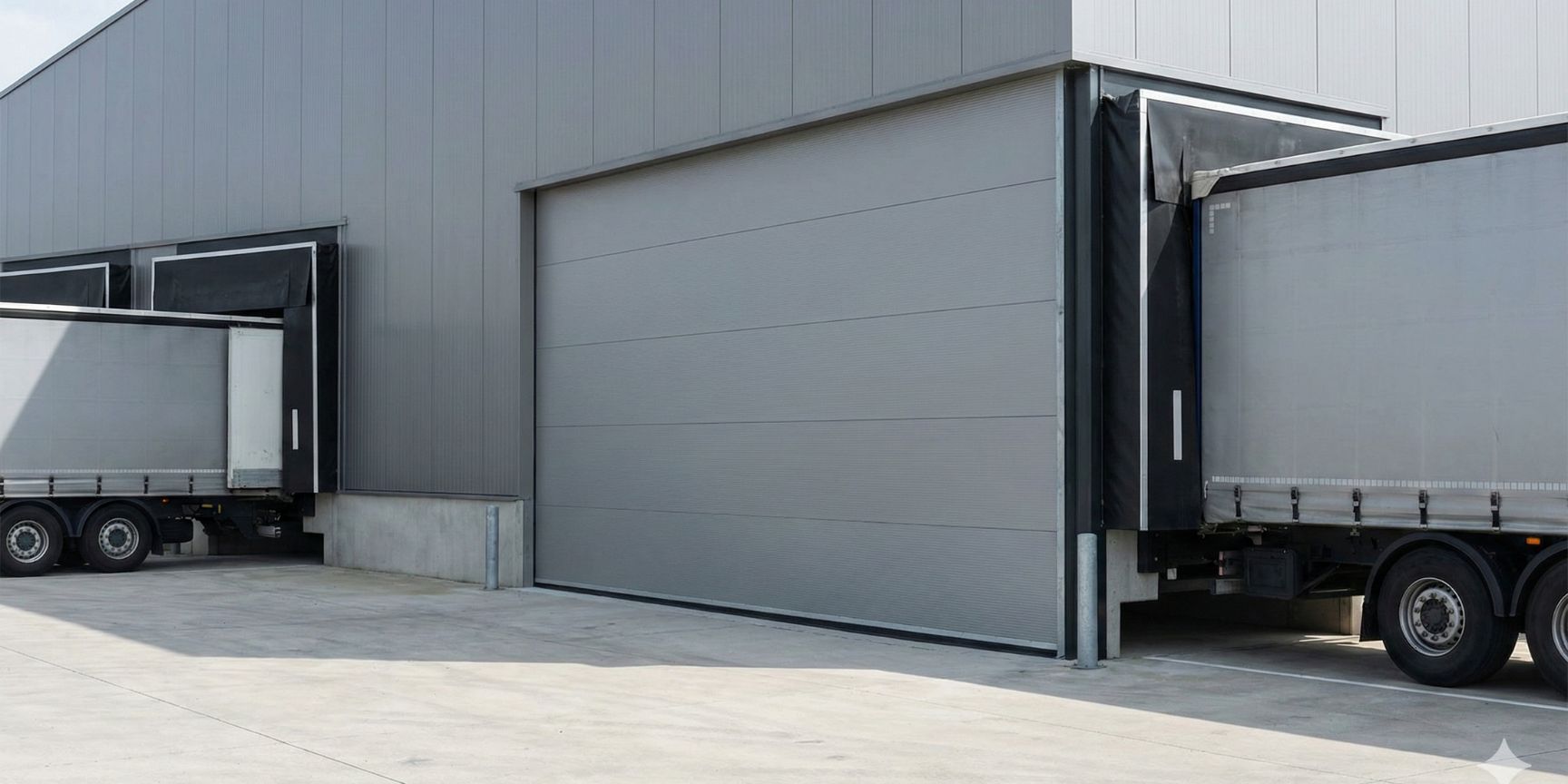 Außenaufnahme einer modernen Logistikimmobilie mit mehreren Verladebuchten. Ein graues Sektionaltor ist vollständig geschlossen und bildet einen Teil der Hallenfassade. Links und rechts davon sind LKW an weiteren Verladetoren mit Torabdichtungen angedockt